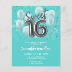 Silver Sweet 16 Ballons Invitation Budge Turquoise