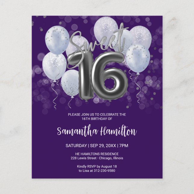 Silver Sweet 16 Ballons Purple Budge Invitation (Devant)