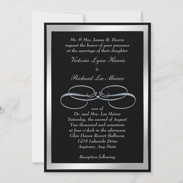 Silver Swirl sur Black Elegant Wedding Invitation (Devant)