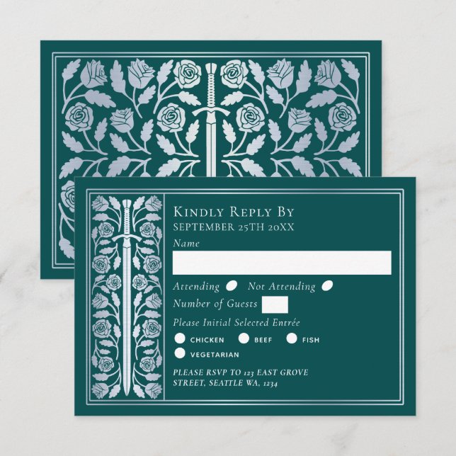 Silver Teal Medieval Sword Wedding RSVP (Devant / Derrière)