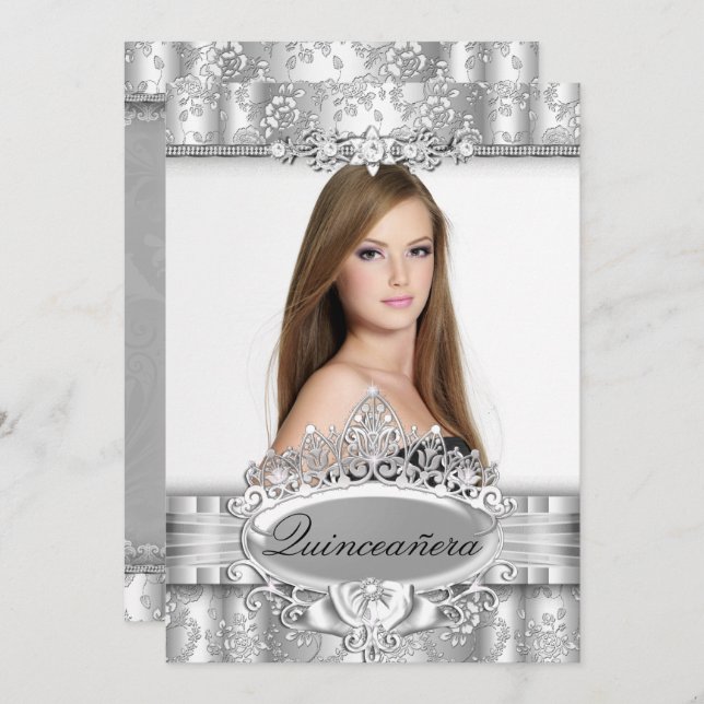 Silver Tiara & Floral Photo Quinceanera Invitation (Devant / Derrière)
