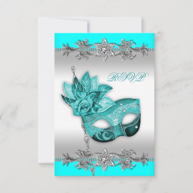 Silver Turquoise Blue Masquerade Party RSVP (Devant)