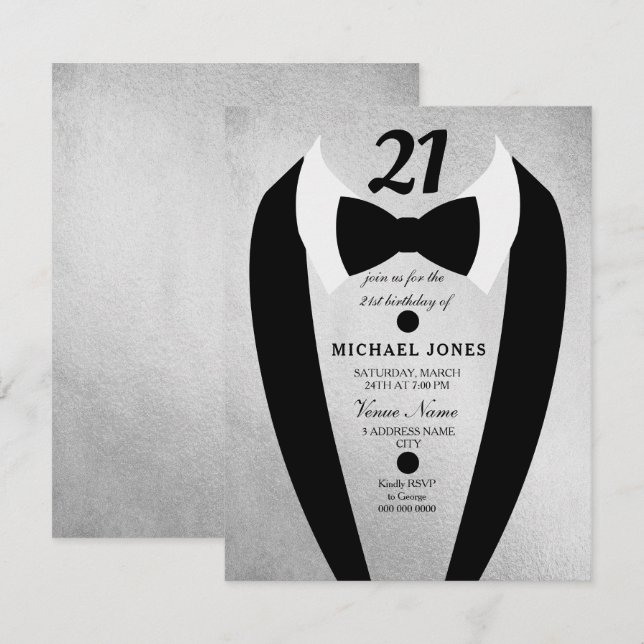 Silver Tuxedo Mens 21e Invitation de fête d'annive (Devant / Derrière)