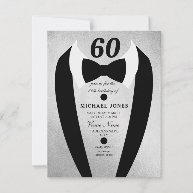 Silver Tuxedo Mens 60e anniversaire Invitation de  (Devant)