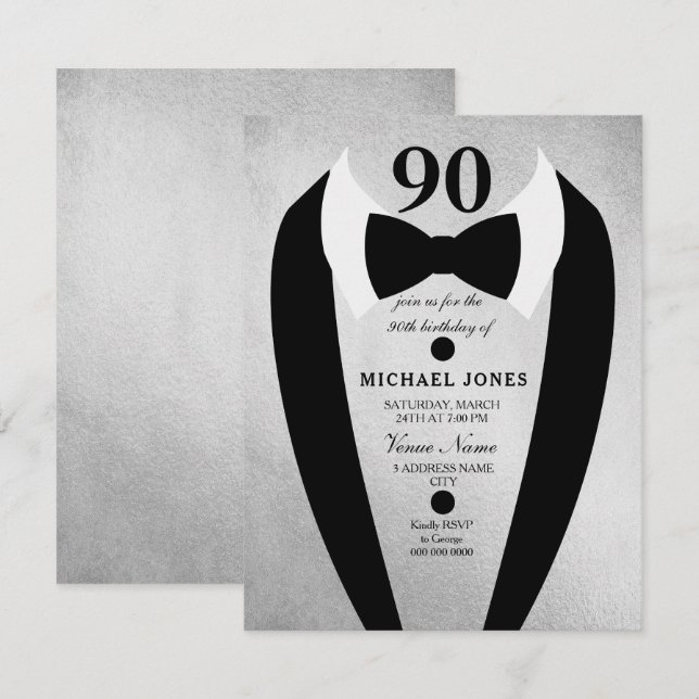 Silver Tuxedo Mens 90e anniversaire Invitation de  (Devant / Derrière)