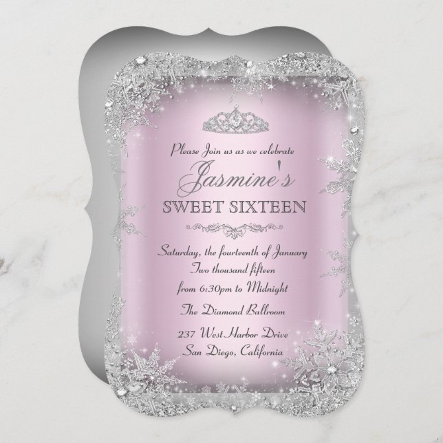 Silver Winter Wonderland Rose Sweet 16 Invitation  (Devant / Derrière)