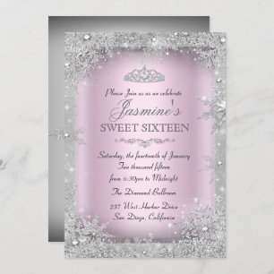 Silver Winter Wonderland Rose Sweet 16 Invitation