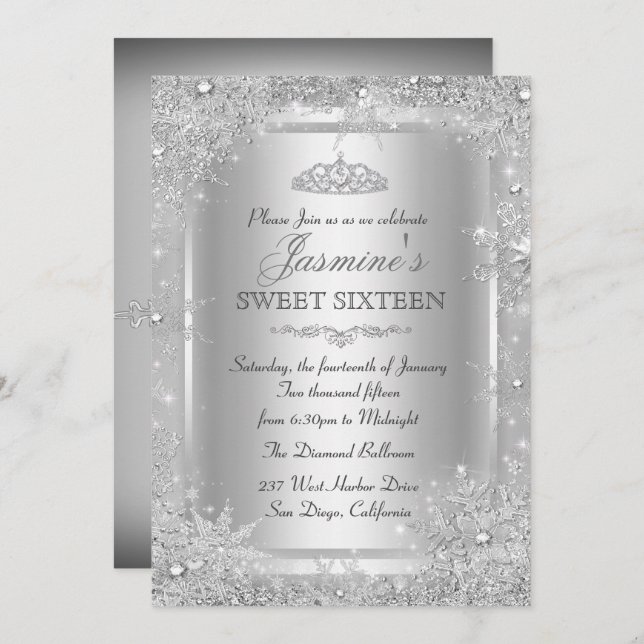 Silver Winter Wonderland Sweet 16 Invitation (Devant / Derrière)