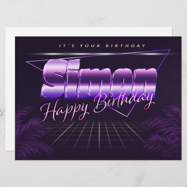 Simon Name Prénom lila retro Carte Anniversaire (Devant / Derrière)