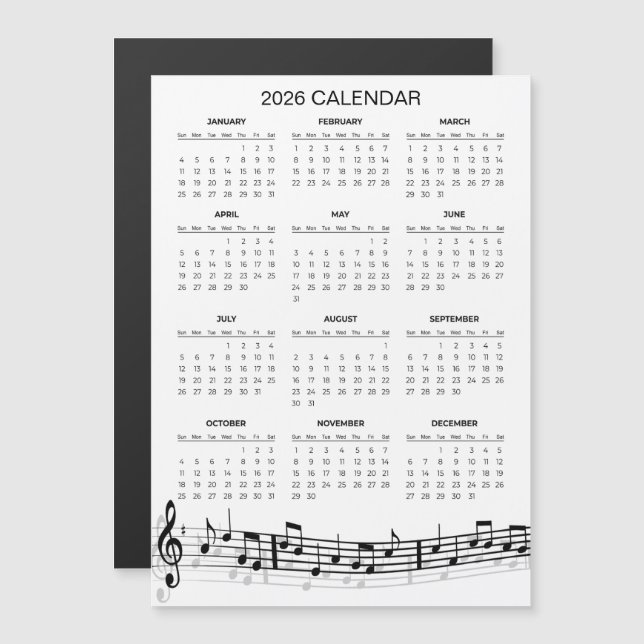 Simple 2026 Calendar with Musical Notes | Magnet (Devant / Derrière)