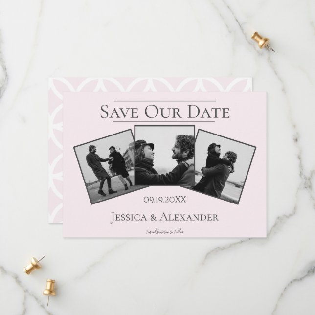 Simple 3 Photo Collage | Rose Save The Date (Devant/Arrière en situation)