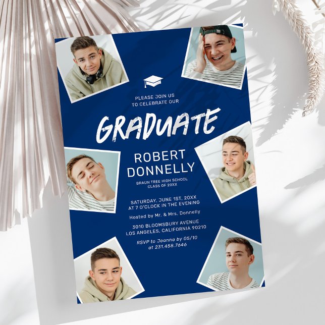 Simple 6 Photo Blue Graduation Party Invitations (Créateur téléchargé)