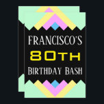 Simple "80th Birthday Bash" Invitation d'anniversa<br><div class="desc">Ce simple design d’invitation à la fête d’anniversaire comporte un message comme "Le 80e anniversaire de FRANCISCO", où le nom et le numéro d’anniversaire peuvent être customisés. Il dispose également d'un arrière - plan amusant, coloré, d'inspiration géométrique. Les détails de l'événement sur le dos peuvent être customisés. Il pourrait être...</div>