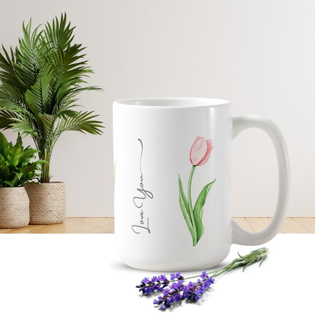 Simple Aquarelle Tulip Floral Monogramme Café Mug (Créateur téléchargé)