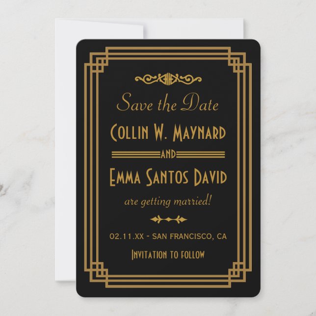 Simple Art Déco Noir Faire-Part de Date de Mariage (Devant)