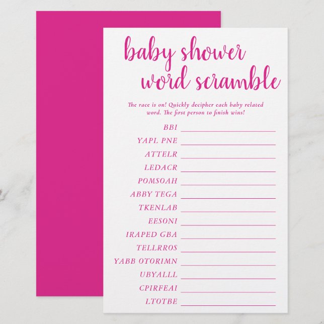 Simple Bébé Mot Scramble | Carte de jeu rose chaud (Devant / Derrière)