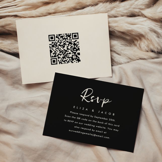 Simple Black Cream Wedding script RSVP QR Code (Minimal and modern black rsvp card with elegant calligraphy and a qr code back for guest response.)
