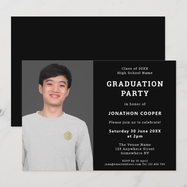 Simple Black Photo Graduation Party Invitation (Devant / Derrière)