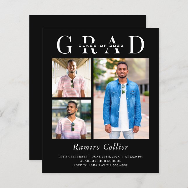 Simple Black White 3 Photo Graduation Celebration (Devant / Derrière)