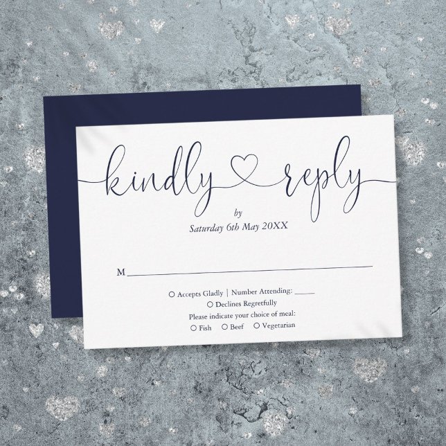 Simple Bleu Marine Blanc Cœur Script Réponse aimab (Simple Navy Blue White Script Heart Kindly Reply RSVP Card)