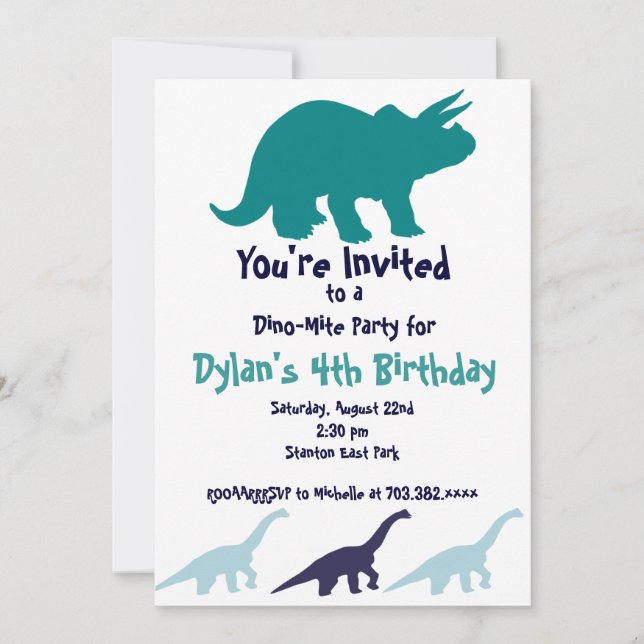 Simple Blue Dinosaur Invitations de fête d'anniver (Devant)
