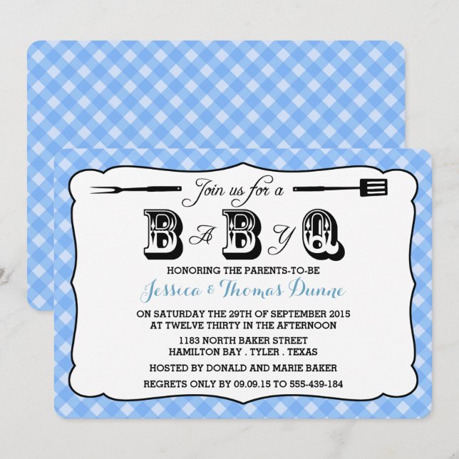 Simple Blue En vichy BBQ Baby Shower Invitations (Devant / Derrière)