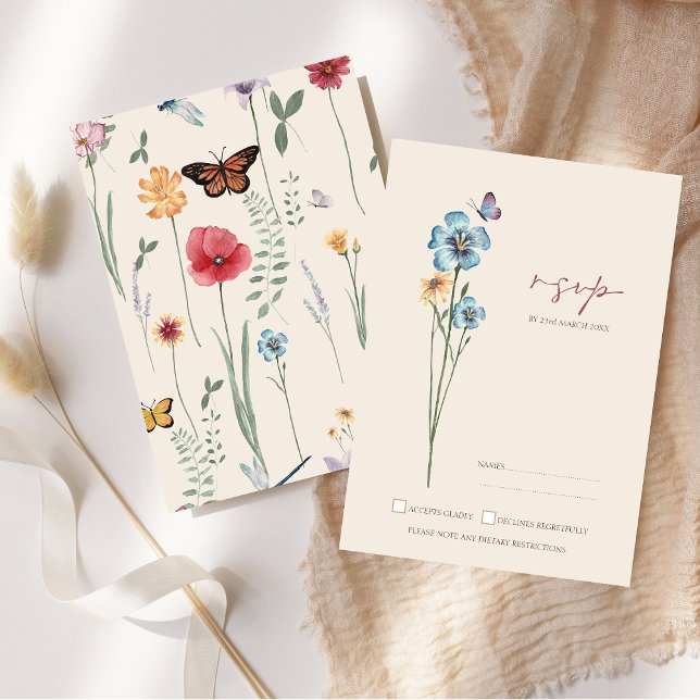 Simple Blue Fleur sauvage Papillons Mariage RSVP (Simple Blue Wildflower Butterflies Wedding RSVP Card)