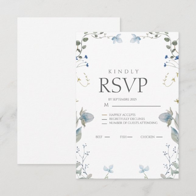 Simple Blue Floral RSVP Card (Devant / Derrière)