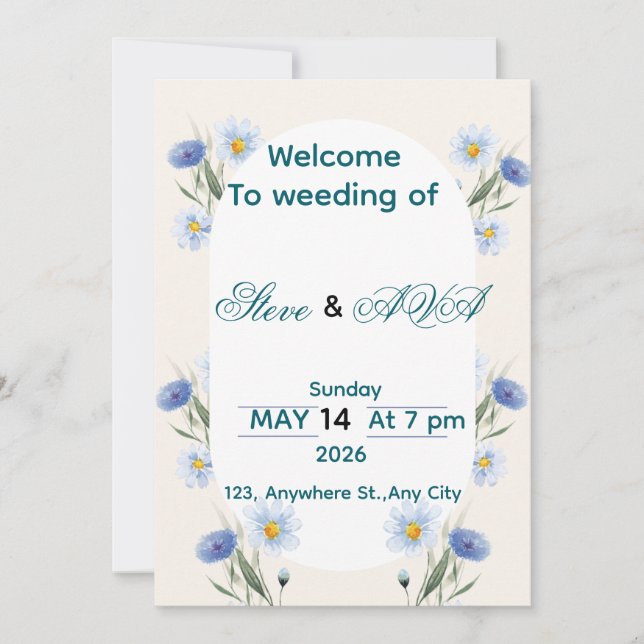 Simple Blue Floral Wedding Invitation (Devant)