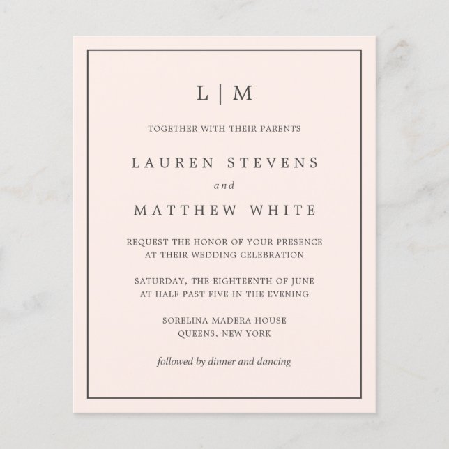 Simple Blush Pink Monogramme Budget Mariage Invita (Devant)