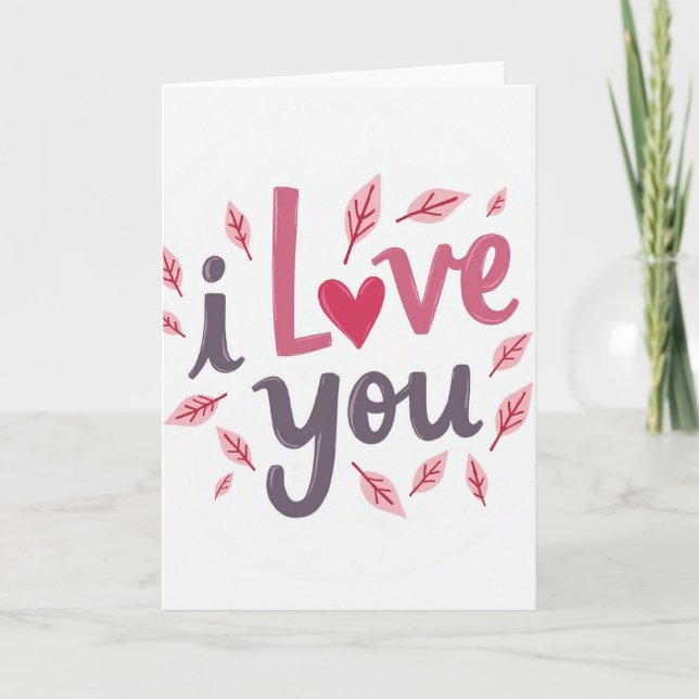 Simple Carte de Fête avec Feuilles Je T'Aime (Devant)