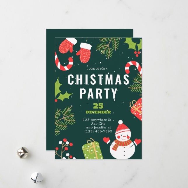 Simple carte de vœux de Noël fête rouge et vert dr (Devant/Arrière en situation)