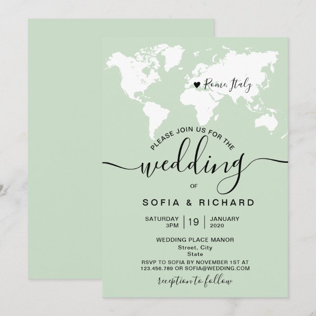 Simple carte du monde aquarelle pour mariage de de (Devant / Derrière)