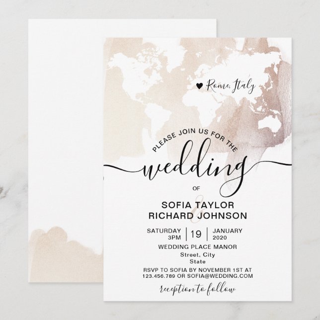 Simple carte du monde aquarelle pour mariage de de (Devant / Derrière)
