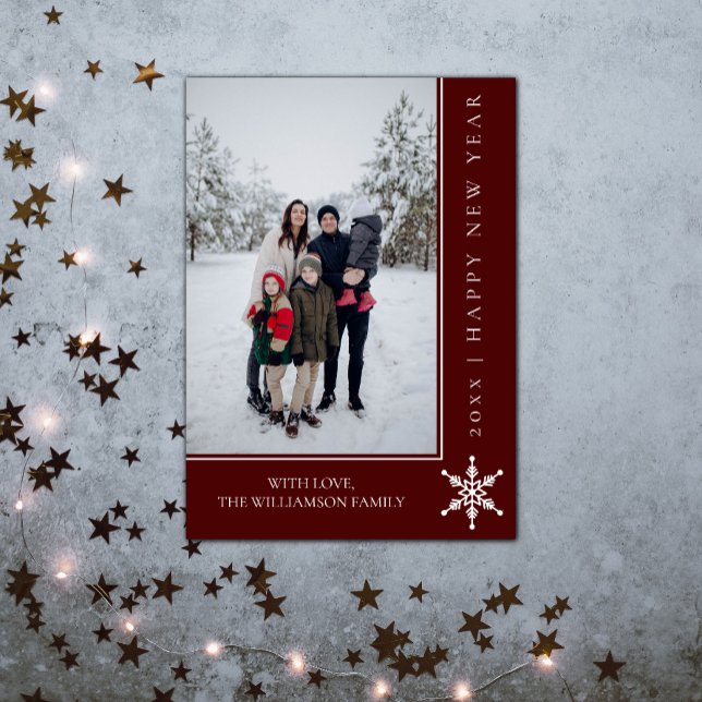 Simple Carte photo du Nouvel An flocon de neige |  (Simple Snowflake New Years Photo Card - Red)