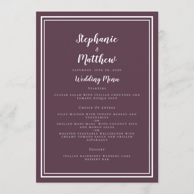 Simple Cassis violet Mariage Menu Classic encadré (Devant)