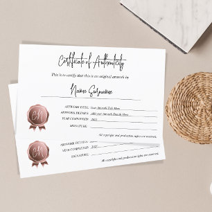 Simple certificat d'authenticité oeuvre d'art par