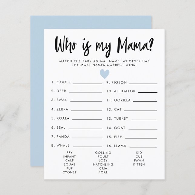 Simple Coeur Bleu Qui Est Mon Baby shower Mama Jeu (Devant / Derrière)
