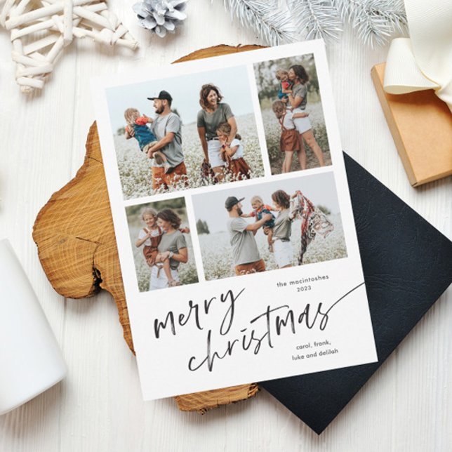 Simple Collage photo Script Joyeux Magnet de Noël (Simple black and white script merry christmas 4 photo holiday magnetic card.)