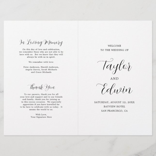 Simple Contemporary Modern Folded Wedding Programm (Devant)