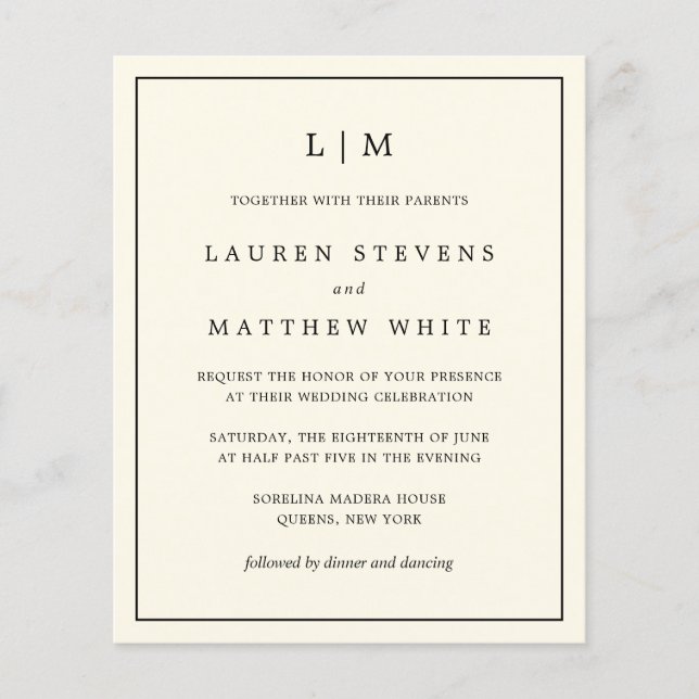 Simple Crème Monogramme Budget Mariage Invitation (Devant)