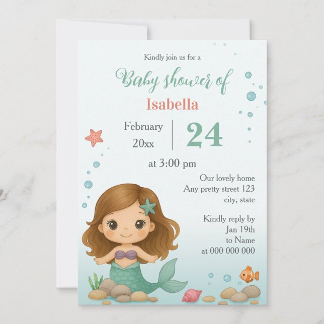 Simple cute little mermaid baby shower invitation (Devant)