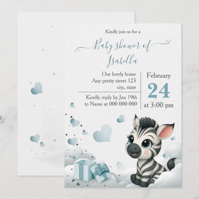 Simple cute little zebra baby shower invitation (Devant / Derrière)