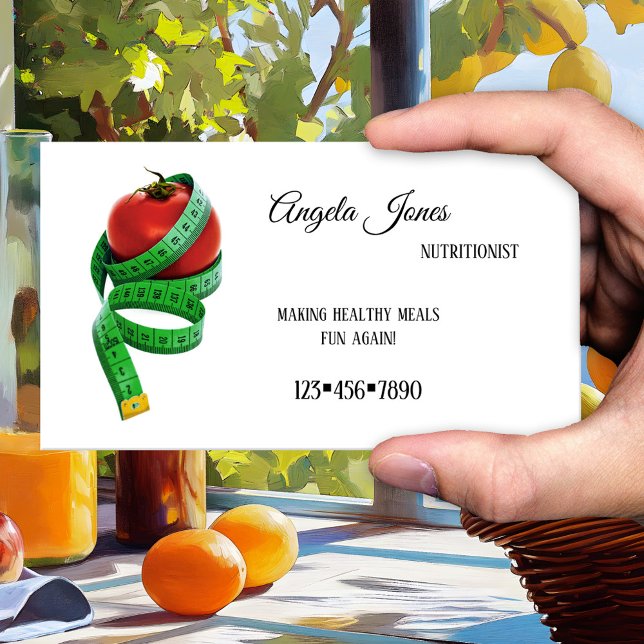 Simple diététiste nutritionniste Carte de visite (A simple business card for a nutritional therapist or dietitian with a tomato with measuring tape)