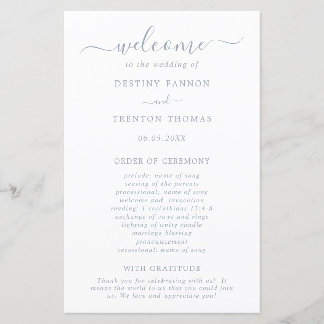Simple Dusty Blue Elegant Wedding Programme (Devant)
