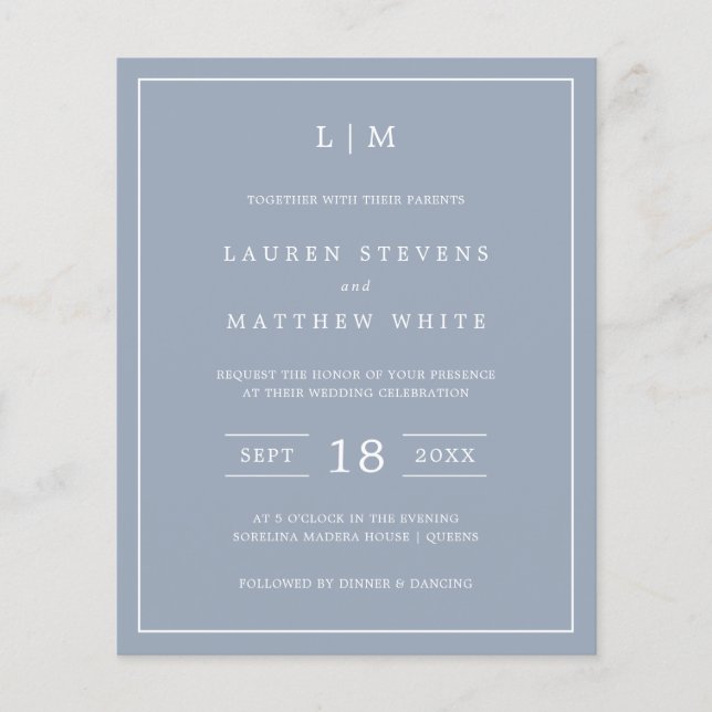 Simple Dusty Blue Monogramme Budget Mariage Invita (Devant)
