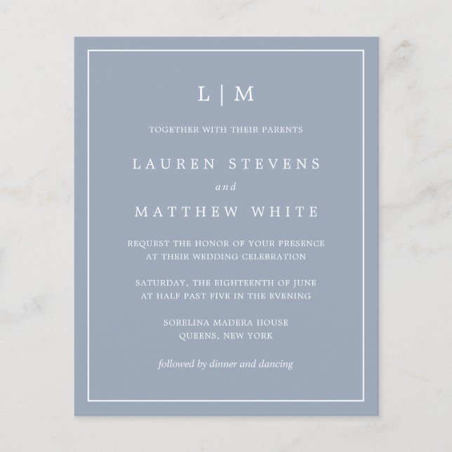 Simple Dusty Blue Monogramme Budget Mariage Invita (Devant)