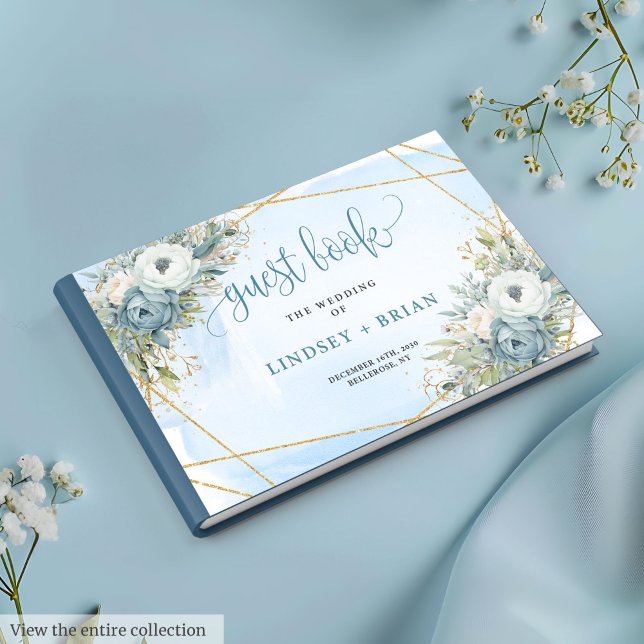 Simple Dusty Blue White Gold Flowers Livre d'or (Simple Dusty Blue White Gold Flowers Guest Book)