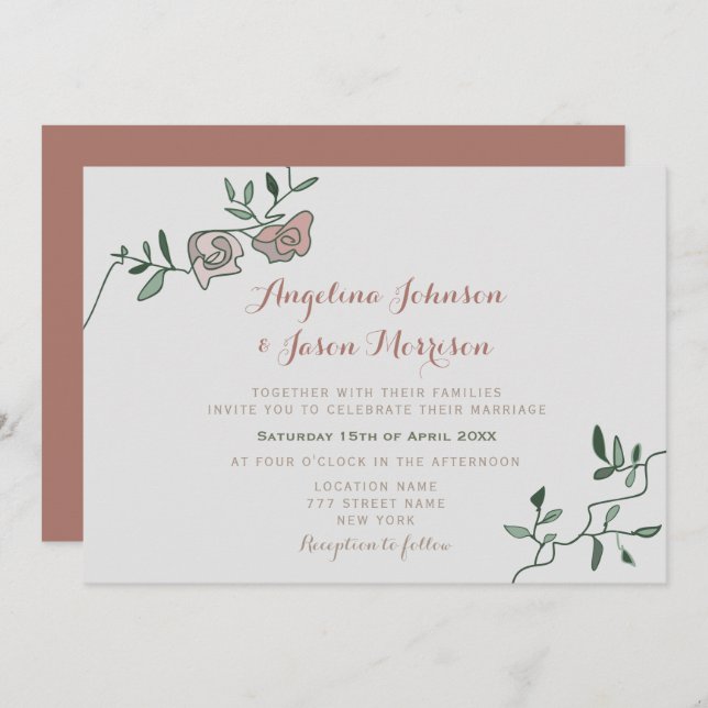 Simple Dusty Rose Greenery Mariage Invitation (Devant / Derrière)