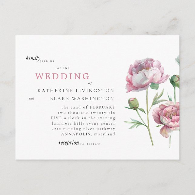 Simple Élégant Carte Postale de Mariage à Tige Ros (Devant)
